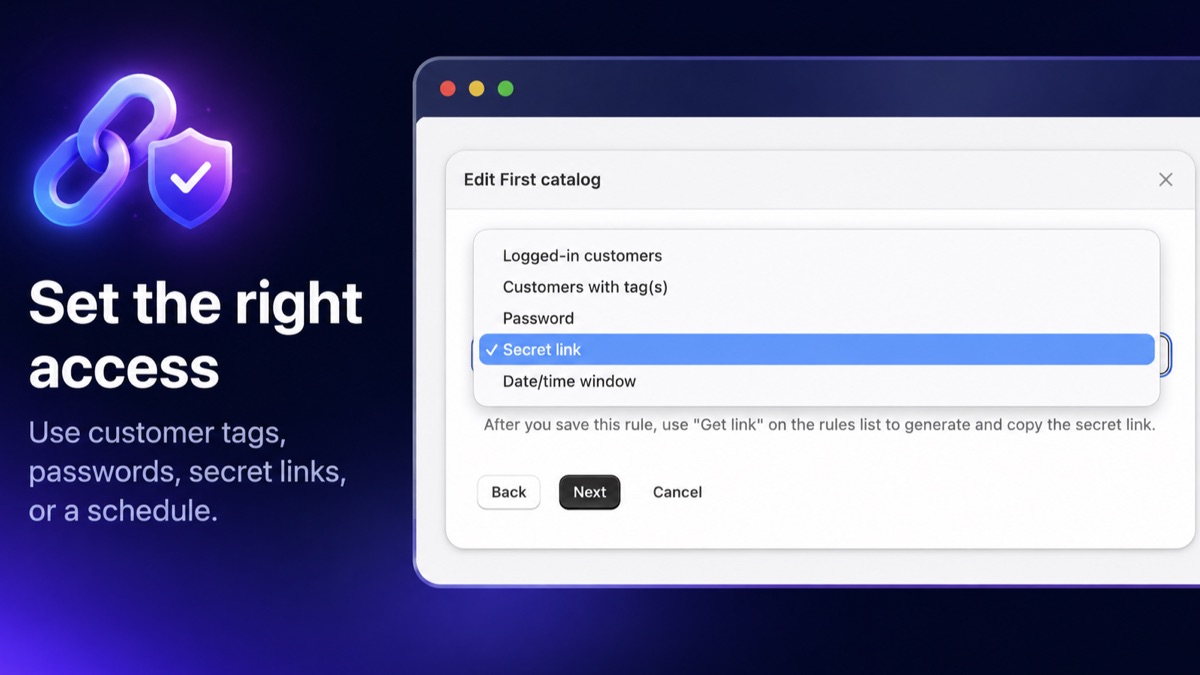 Catalog Guard access condition menu listing logged-in customers, customers with tags, password, secret link and date/time window