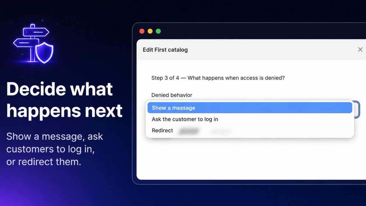 Catalog Guard step 3, denied behaviour options: show a message, ask the customer to log in, or redirect