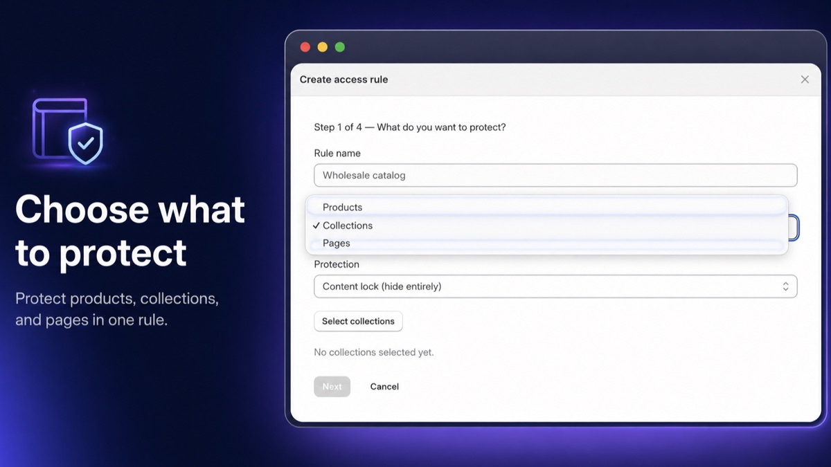 Catalog Guard rule builder, step 1: choosing Collections as the resource type with content lock protection for a wholesale catalog